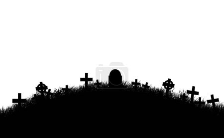 Photo for Grass hill full of graves and gravestone on top, silhouette graphic design for halloween. - Royalty Free Image