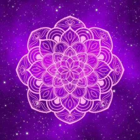 Floraler Mandala-Hintergrund mit violettem Nebel und schönem Sternenfeld in der Galaxie.