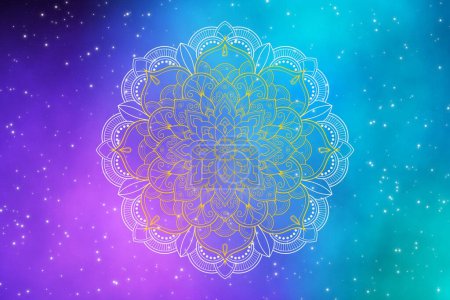 Schöne florale Mandala auf Fantasy-Galaxie Hintergrund. Illustration Grafikdesign.