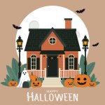 Happy Halloween card graphic design with haunted house decorated with evil pumpkins, ghost, and gravestone outside. Three bats flying above in full Moon night. Vector illustration.