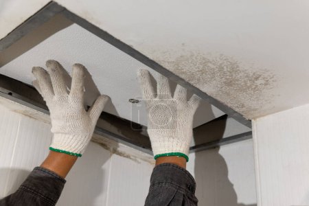 Téléchargez les photos : Worker fix leaking pipe in ceiling ,close-up of a stain on the ceiling. - en image libre de droit