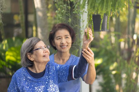 Téléchargez les photos : Gardening therapy in dementia treatment on elderly woman. - en image libre de droit