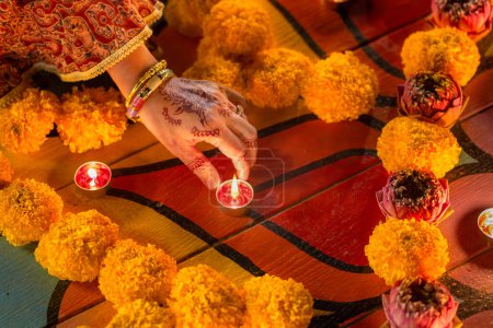 Photo for Happy Diwali - Diya lamps lit during diwali celebration - Royalty Free Image