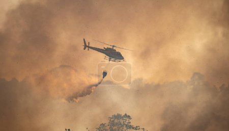 Foto de Helicóptero de extinción de incendios llevar cubo de agua para extinguir el incendio forestal. - Imagen libre de derechos