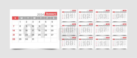 Téléchargez les illustrations : Modèle de calendrier mensuel pour 2024 année avec un style minimaliste - en licence libre de droit
