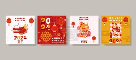 art moderne Nouvel An chinois 2024 set de design pour les médias sociaux post, couverture, carte, affiche, bannière.