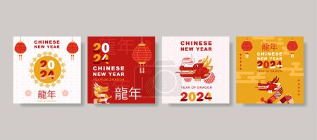 moderne Kunst Chinesisches Neujahr 2024 Designset für Social Media Post, Cover, Karte, Poster, Banner. 