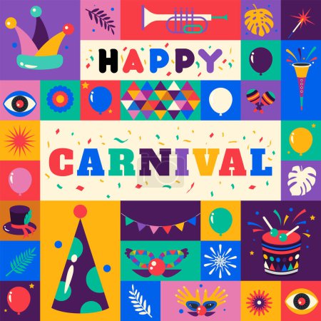 Téléchargez les photos : Happy Carnival fond géométrique coloré avec éclaboussures bulles de parole masques et confettis pour couverture, affiche, modèle de médias sociaux - en image libre de droit