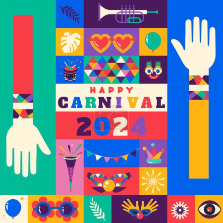 Téléchargez les photos : Happy Carnival 2024 fond géométrique coloré avec éclaboussures bulles de parole masques et confettis pour couverture, affiche, modèle de médias sociaux - en image libre de droit