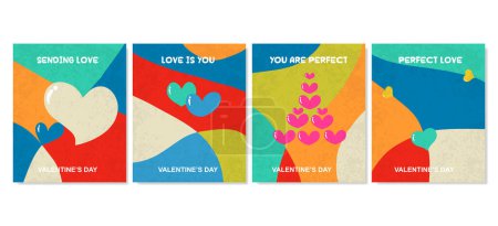 Téléchargez les photos : Concept créatif de cartes Happy Valentines ensemble. Design d'art abstrait moderne avec des formes géométriques de cœurs. Modèles pour la célébration, annonces, marque, bannière, couverture, étiquette, affiche, ventes. - en image libre de droit