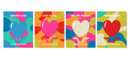Téléchargez les photos : Concept créatif de cartes Happy Valentines ensemble. Design d'art abstrait moderne avec des formes géométriques de cœurs. Modèles pour la célébration, annonces, marque, bannière, couverture, étiquette, affiche, ventes. - en image libre de droit