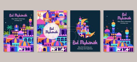 Photo for Set of eid mubarak al fitr islamic arabic mosque architecture illustration for a poster banner, cover template - Royalty Free Image