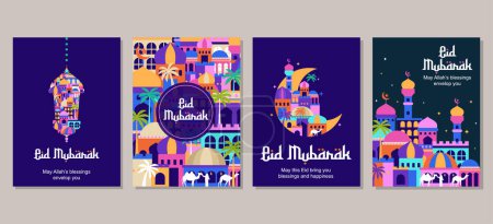 Photo for Set of eid mubarak al fitr islamic arabic mosque architecture illustration for a poster banner, cover template - Royalty Free Image