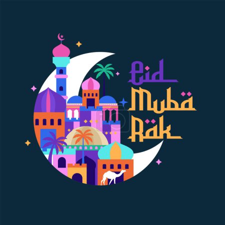 Téléchargez les photos : Eid moubarak avec ville arabique et fond lunaire - en image libre de droit