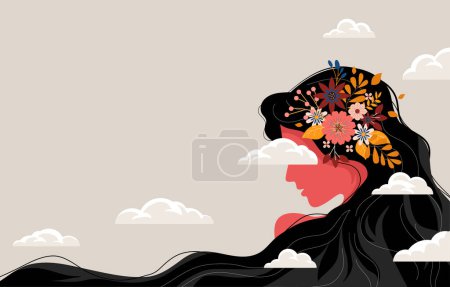 Ilustración de Hermoso concepto de un paso en el futuro desconocido la cabeza de una chica en las nubes - Imagen libre de derechos