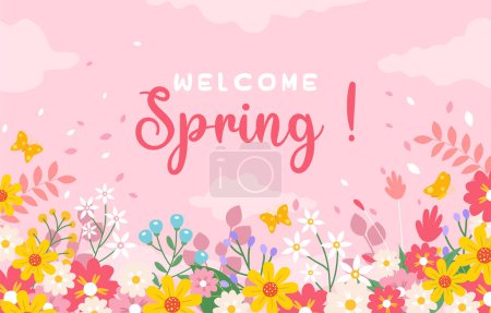 Téléchargez les illustrations : Modèle de printemps Bienvenue avec beau fond de fleurs - en licence libre de droit