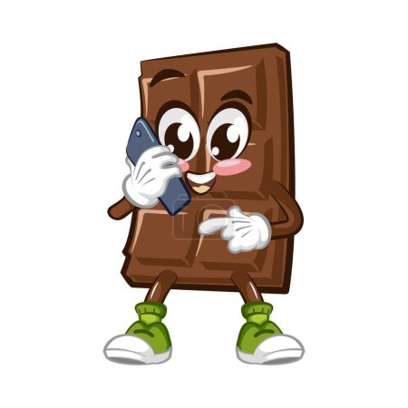 Illustration for Cute chocolate bar character with funny face on phone, cartoon vector illustration isolated, funny chocolate character, mascot, emoticon - Royalty Free Image