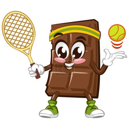 Illustration for Cute chocolate bar character with funny face playing tennis, cartoon vector illustration isolated, funny chocolate character, mascot, emoticon - Royalty Free Image