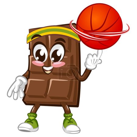 Ilustración de Lindo personaje de barra de chocolate con cara divertida jugando baloncesto, ilustración vectorial de dibujos animados aislado, divertido personaje de chocolate, mascota, emoticono - Imagen libre de derechos