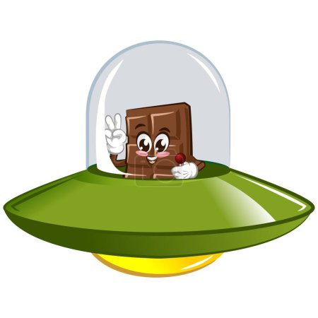 Illustration for Cute chocolate bar character with funny face on alien aircraf, cartoon vector illustration isolated, funny chocolate character, mascot, emoticon - Royalty Free Image