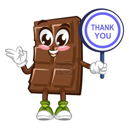 Illustration for Cute chocolate bar character with funny face with a sign that says thank you, cartoon vector illustration isolated, funny chocolate character, mascot, emoticon - Royalty Free Image