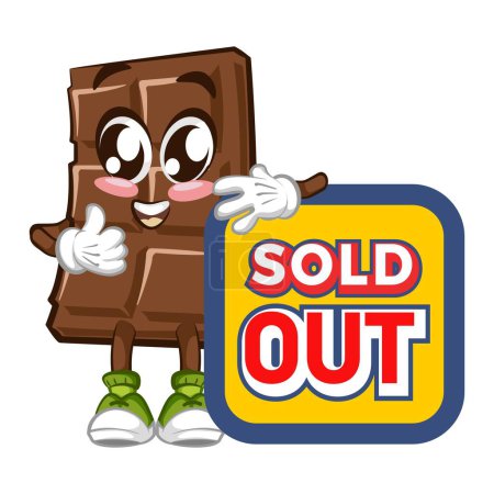 Ilustración de Lindo personaje de barra de chocolate con cara divertida con un signo que dice agotado, ilustración vectorial de dibujos animados aislado, personaje de chocolate divertido, mascota, emoticono - Imagen libre de derechos