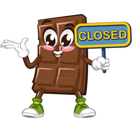 Ilustración de Lindo personaje de barra de chocolate con cara divertida con un signo que dice cerrado, ilustración vectorial de dibujos animados aislado, personaje de chocolate divertido, mascota, emoticono - Imagen libre de derechos