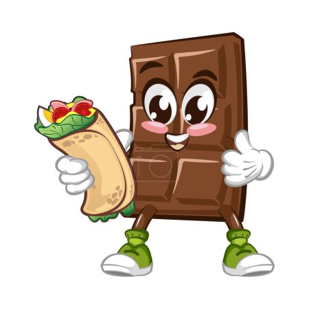 Ilustración de Lindo personaje de barra de chocolate con burrito divertido comer la cara, ilustración vectorial de dibujos animados aislados sobre fondo blanco. Personaje divertido chocolate, mascota, emoticono - Imagen libre de derechos
