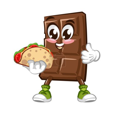 Ilustración de Lindo personaje de barra de chocolate con cara divertida comer taco, ilustración vectorial de dibujos animados aislados sobre fondo blanco. Personaje divertido chocolate, mascota, emoticono - Imagen libre de derechos