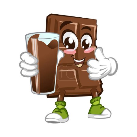 Ilustración de Lindo personaje de barra de chocolate con cara divertida con un vaso de chocolate caliente, ilustración vectorial de dibujos animados aislado, personaje de chocolate divertido, mascota, emoticono - Imagen libre de derechos