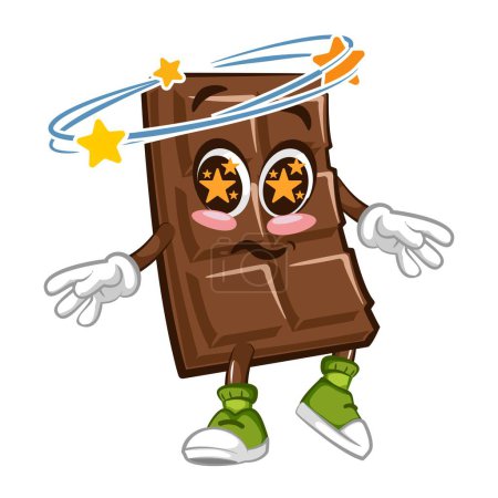 Ilustración de Lindo personaje de barra de chocolate con cara divertida que se marea, ilustración vectorial de dibujos animados aislado, personaje de chocolate divertido, mascota, emoticono - Imagen libre de derechos