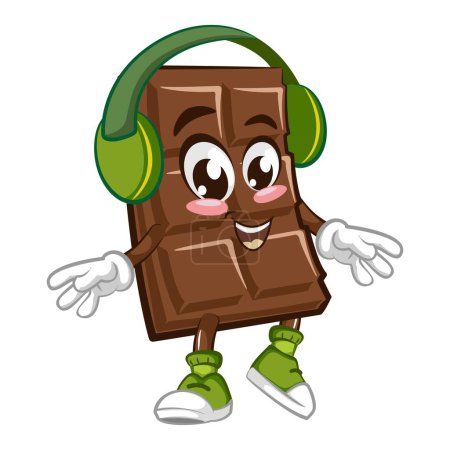 Illustration for Cute chocolate bar character with funny face listen to the headset happily, cartoon vector illustration isolated, funny chocolate character, mascot, emoticon - Royalty Free Image