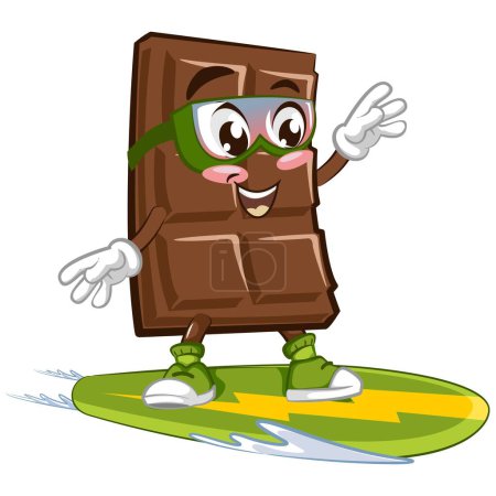 Illustration for Cute chocolate bar character with funny face happy snow surfing, cartoon vector illustration isolated, funny chocolate character, mascot, emoticon - Royalty Free Image