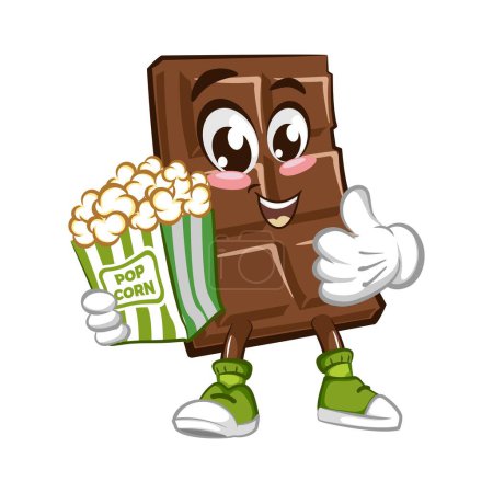 Illustration for Cute chocolate bar character with funny face with popcorn, cartoon vector illustration isolated, funny chocolate character, mascot, emoticon - Royalty Free Image