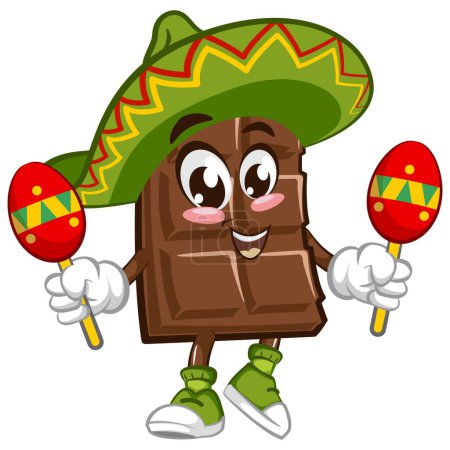 Illustration for Cute chocolate bar character with funny face mascot wearing sombrero with playing maracas, cartoon vector illustration isolated on white background. Funny chocolate character, mascot, emoticon - Royalty Free Image
