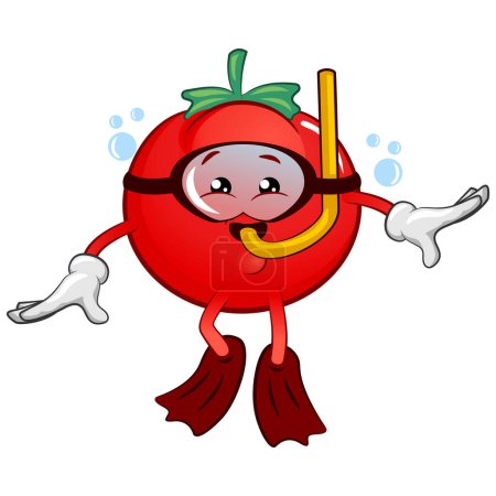 Téléchargez les illustrations : Illustration isolée personnage de mascotte vecteur de dessin animé de tomate mignonne plongée avec tuba gaiement - en licence libre de droit