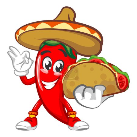 Foto de Vector mascota carácter ilustración de chile con un típico sombrero mexicano que ofrece delicioso taco - Imagen libre de derechos