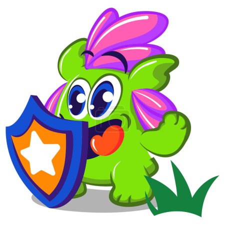 Foto de Vector de la mascota, la historieta y la ilustración de una linda criatura imaginaria verde grasa con el pelo rosado tupido con un escudo con un signo de estrella - Imagen libre de derechos
