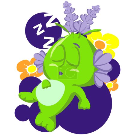 Foto de Vector mascota, dibujos animados e ilustración de una naturaleza imaginaria lindo lavanda criatura con el pelo floral durmiendo - Imagen libre de derechos