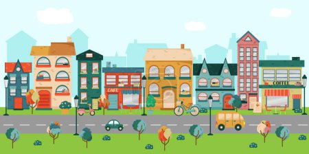 Illustration for Minimal style town. Geometric minimalist city, daytime cityscape and night townscape. Geometrical residential houses - Royalty Free Image