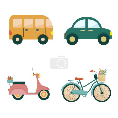 Illustration for Vehicles set. Bicycle, bike, car, bus - Royalty Free Image