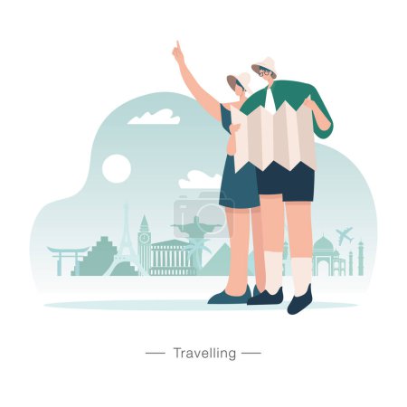 Travelling concept vector illustration. young couple going to go on vacation.