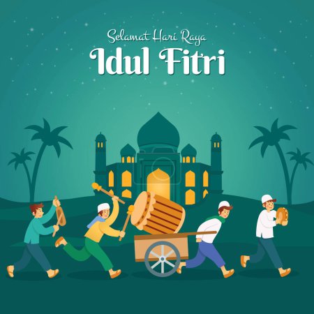 Selamat hari raya Idul Fitri, traducción: feliz eid mubarak con un grupo de jóvenes desfilando un gran tambor de madera para celebrar eid mubarak en la noche