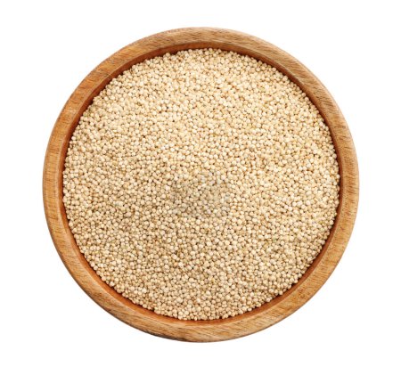 Téléchargez les photos : Image de vue du dessus du quinoa dans une plaque de bois isolée sur blanc - en image libre de droit