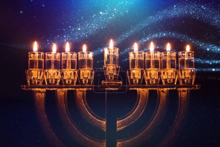 Photo for Image of jewish holiday Hanukkah with menorah (traditional candelabra) and candles - Royalty Free Image