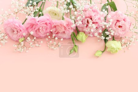 Téléchargez les photos : Image de vue du dessus de délicates fleurs roses sur fond pastel - en image libre de droit