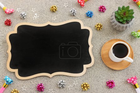 Photo for Collection of colorful party blowers and empty board. concept of party or celebration - Royalty Free Image