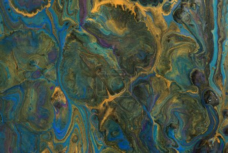 Photo for Art photography of abstract marbleized effect background with turquoise, green, black and gold creative colors. Beautiful paint. - Royalty Free Image
