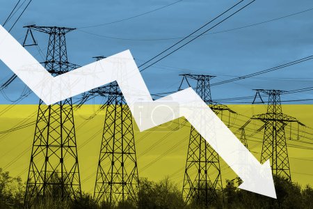 Stromleitung und Flagge der Ukraine. Energiekrise. Konzept der globalen Energiekrise. Reduzierte Stromerzeugung. Der Diagrammpfeil ist nach unten gerichtet. Anstieg des Stromverbrauchs