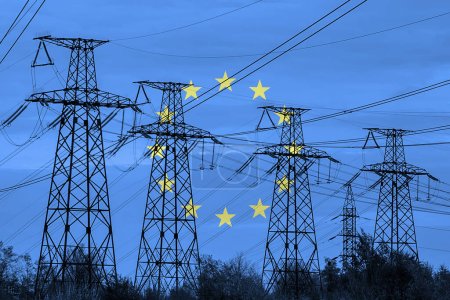 Power line and flag of European Union. Energy crisis. Concept of global energy crisis. Increase in electricity consumption